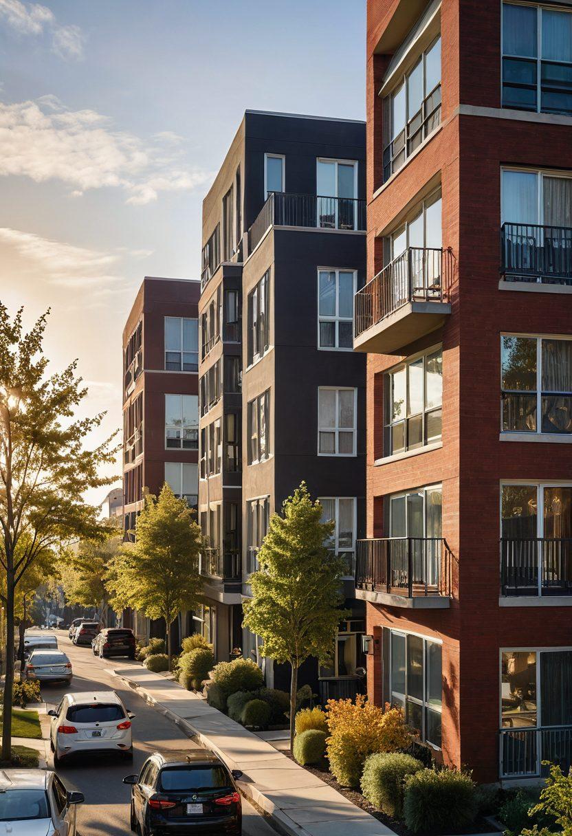 A dynamic cityscape with a juxtaposition of a modern high-rise apartment building on one side and a cozy suburban house on the other. In the foreground, a diverse group of people holding keys or lease agreements, symbolizing the transition from short-term stays to long-term leases. Soft sunlight streaming through, highlighting a peaceful neighborhood backdrop. super-realistic. vibrant colors.