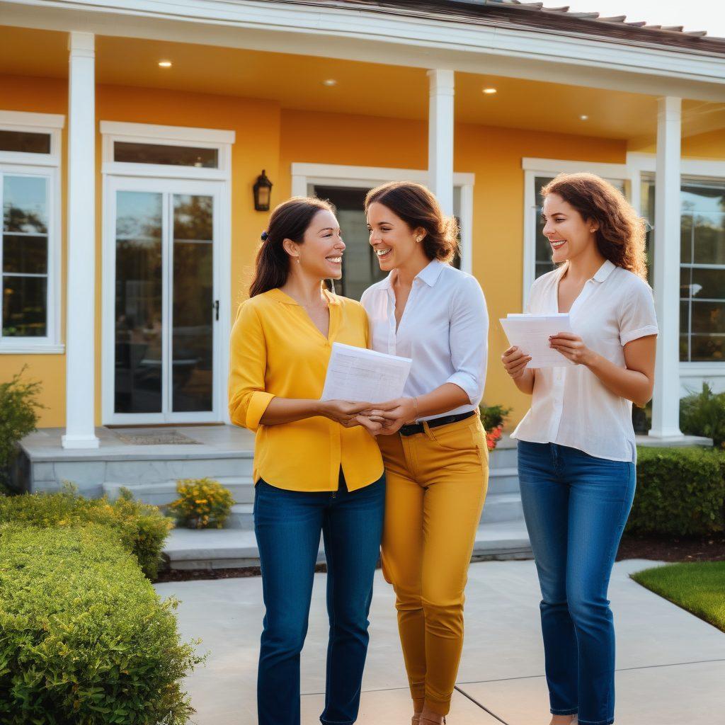 A joyful family receiving the keys to their new rental home from a professional leasing agent, standing in front of a beautifully maintained modern house. Documents and leases visibly organized in the agent's briefcase. Sunlight casting a warm, inviting glow. painting. vibrant colors.