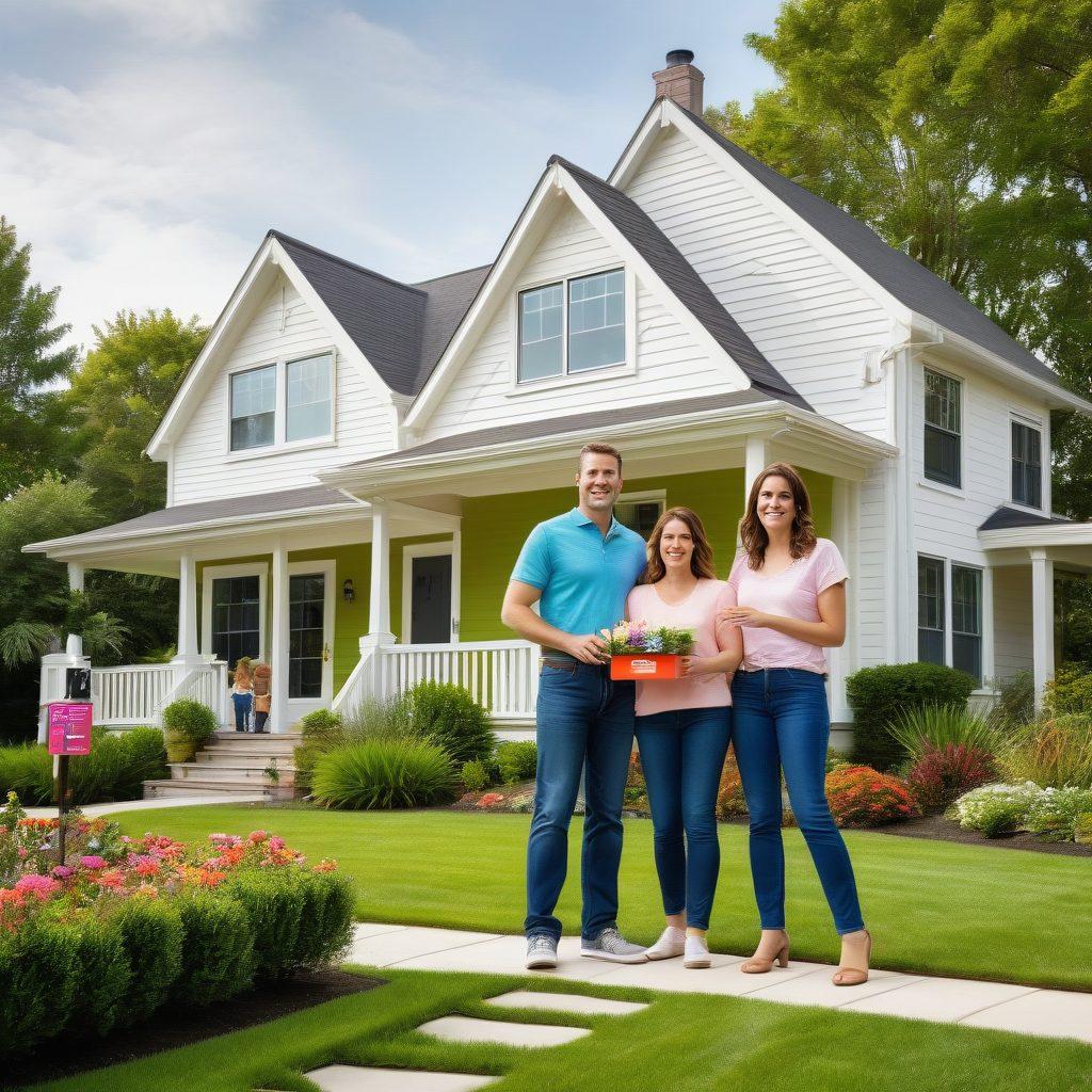 A welcoming family standing in front of a beautifully designed modern house with a 'For Rent' sign, surrounded by lush green lawns and moving boxes. Highlight various types of rental properties such as urban apartments, suburban homes, and cozy cottages in the background. super-realistic. vibrant colors. white background.
